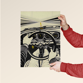 Porsche driver perspective poster showing a vintage car dashboard and steering wheel held by hands